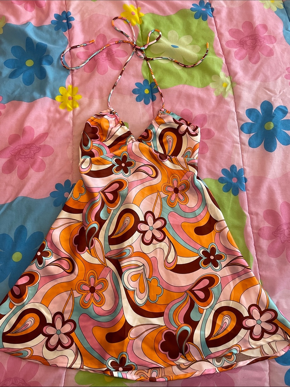 Garage Retro Floral Halter Dress - Pink, Orange & Brown
